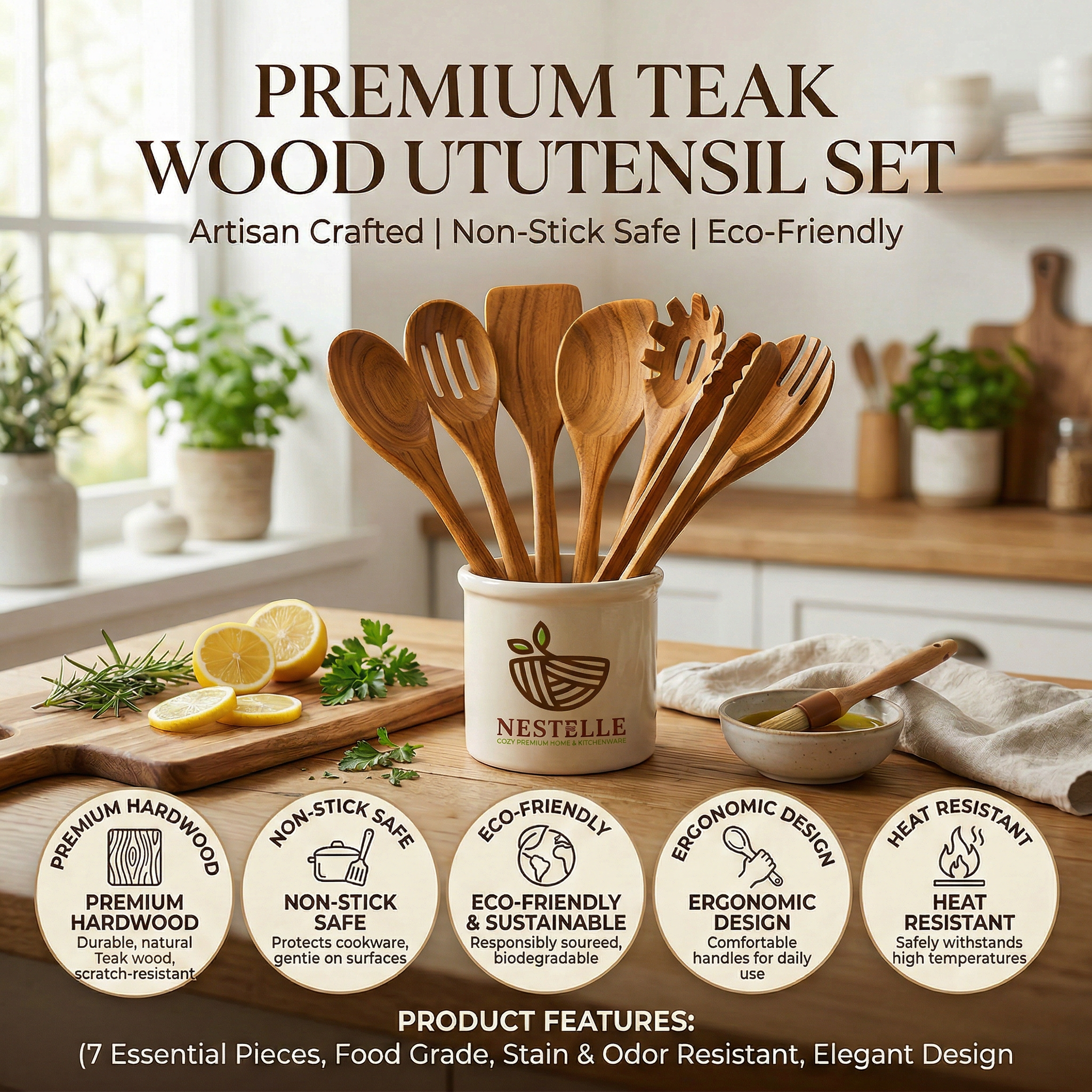 Nestelle™ Natural Teak Wooden Utensil Set